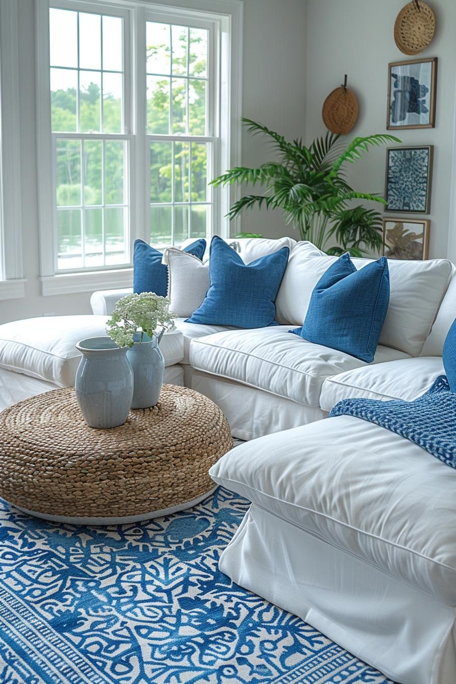 15 Aesthetic Modern Coastal Living Room Ideas 39 15. Coastal Geometric Decor Inspiration-2
