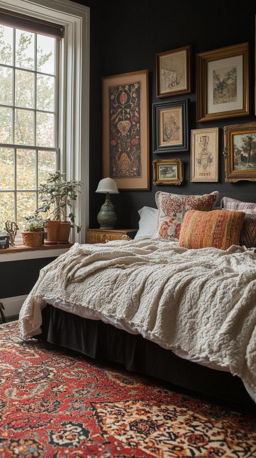 9. Gallery wall featuring vintage frames and boho decor pieces-0