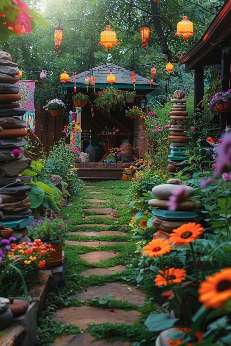 19 Best Hippie Gardens for Your Whimsical Outdoor Oasis 47 17. Peaceful Zen Rock Cairns Pathway-0
