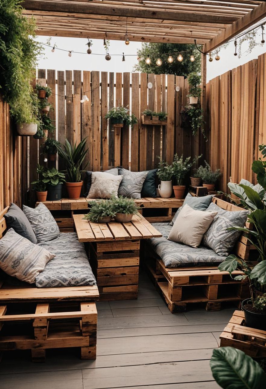 15 Chic Boho Patio Ideas You’ll Love 28 11. Boho Patio: Rustic Pallet Furniture-2