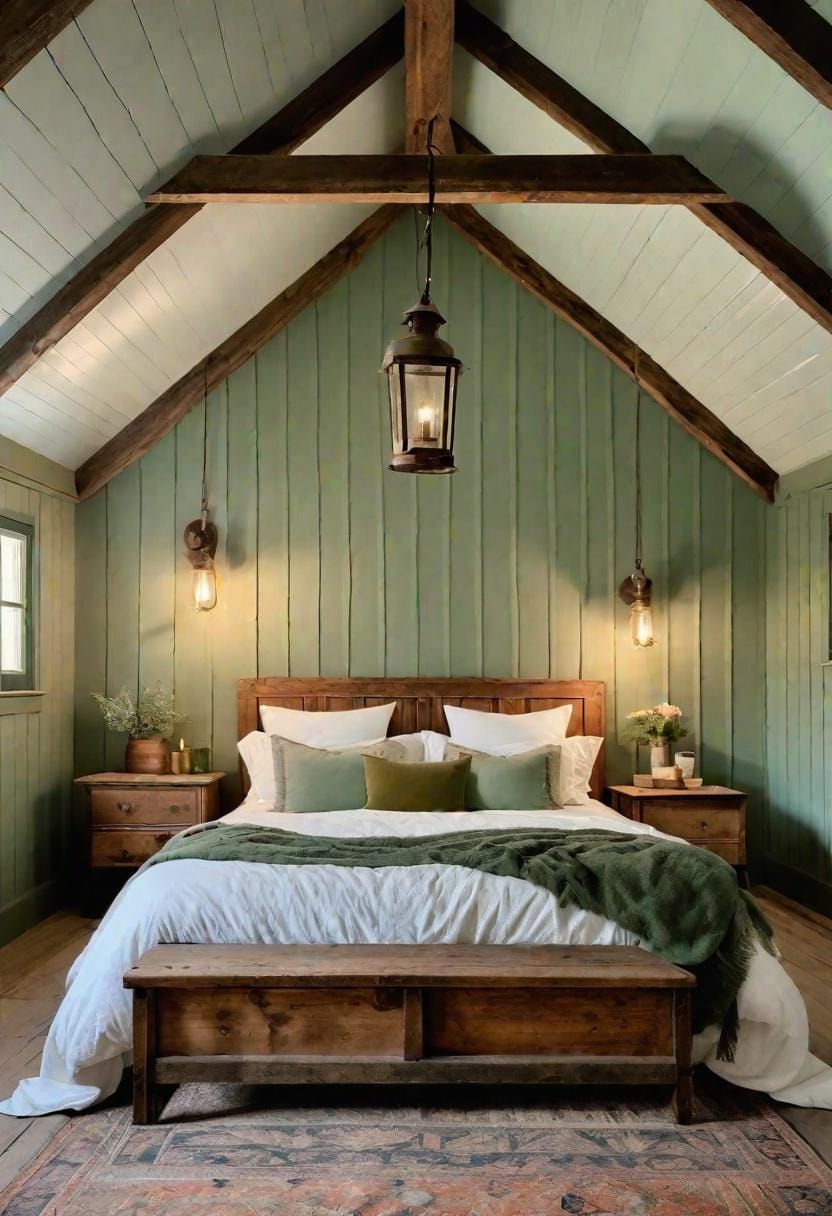 25 Trendy Sage Green Bedroom Ideas For 2025 41 12. Serene rustic farmhouse with sage green panels and vintage lantern lighting-3