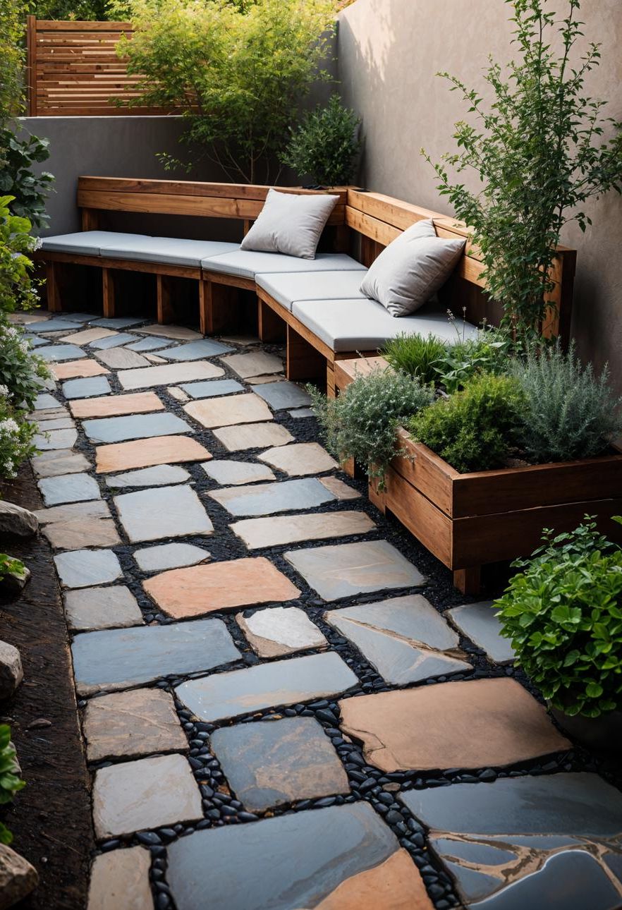 21 Small Flagstone Patio Ideas You’ll Love 28 9. Charming Herb Garden With Bench-2