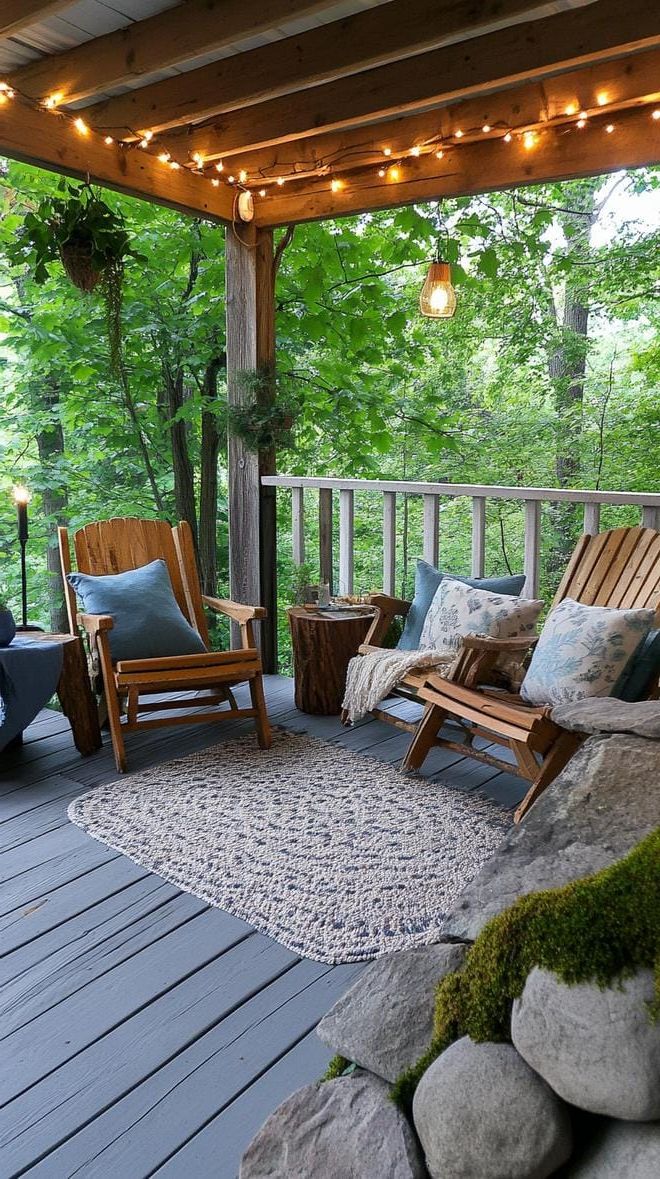 16. Secret woodland haven with mossy stones, fairy lights, and vintage wooden furniture-0
