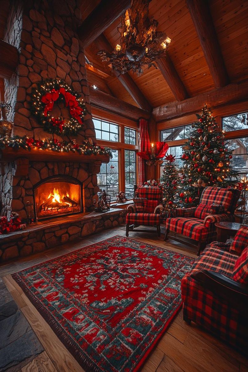 21 Cozy Mountain Lodge Christmas Decor Ideas 13 5. Rustic Christmas Chair Throws Ideas-0