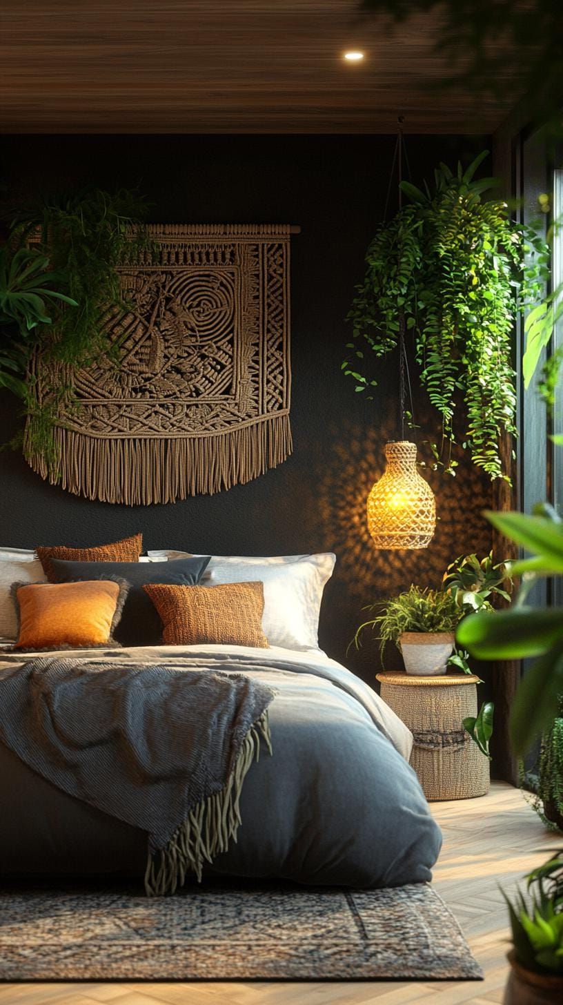 5. Black accent wall with macramé hangings and lush greenery-1
