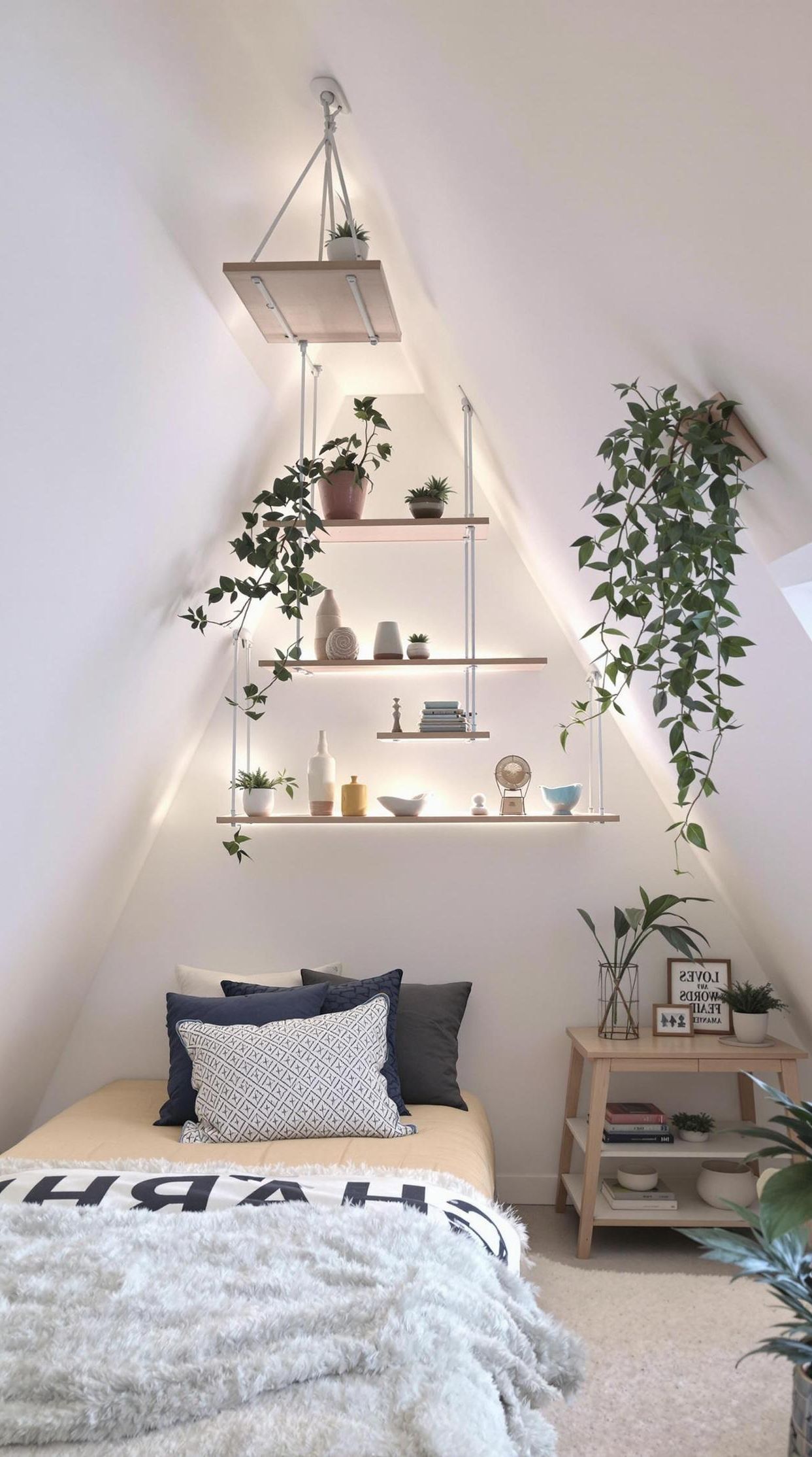 15 Genius Small Attic Bedroom Ideas To Maximize Space 44 15. Decorative Hanging Shelves: Add flair with artistic shelves that hang from the ceiling, suitable for light decor items-1