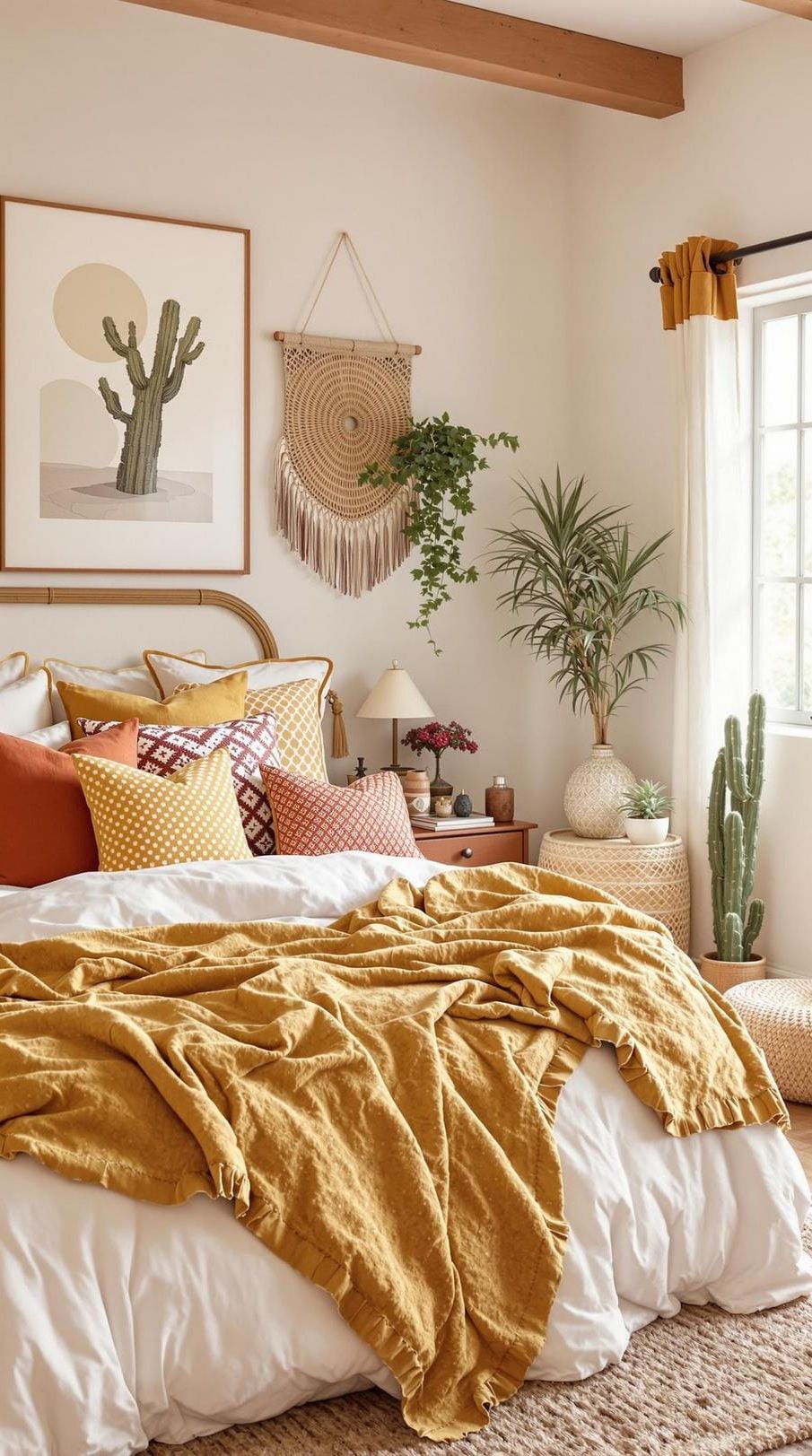 21 Stunning Western Boho Bedroom Ideas To Inspire You 13 4. Opt for a desert oasis color palette with terracotta, mustard, and sandy beige combined with soft cotton bedding-1