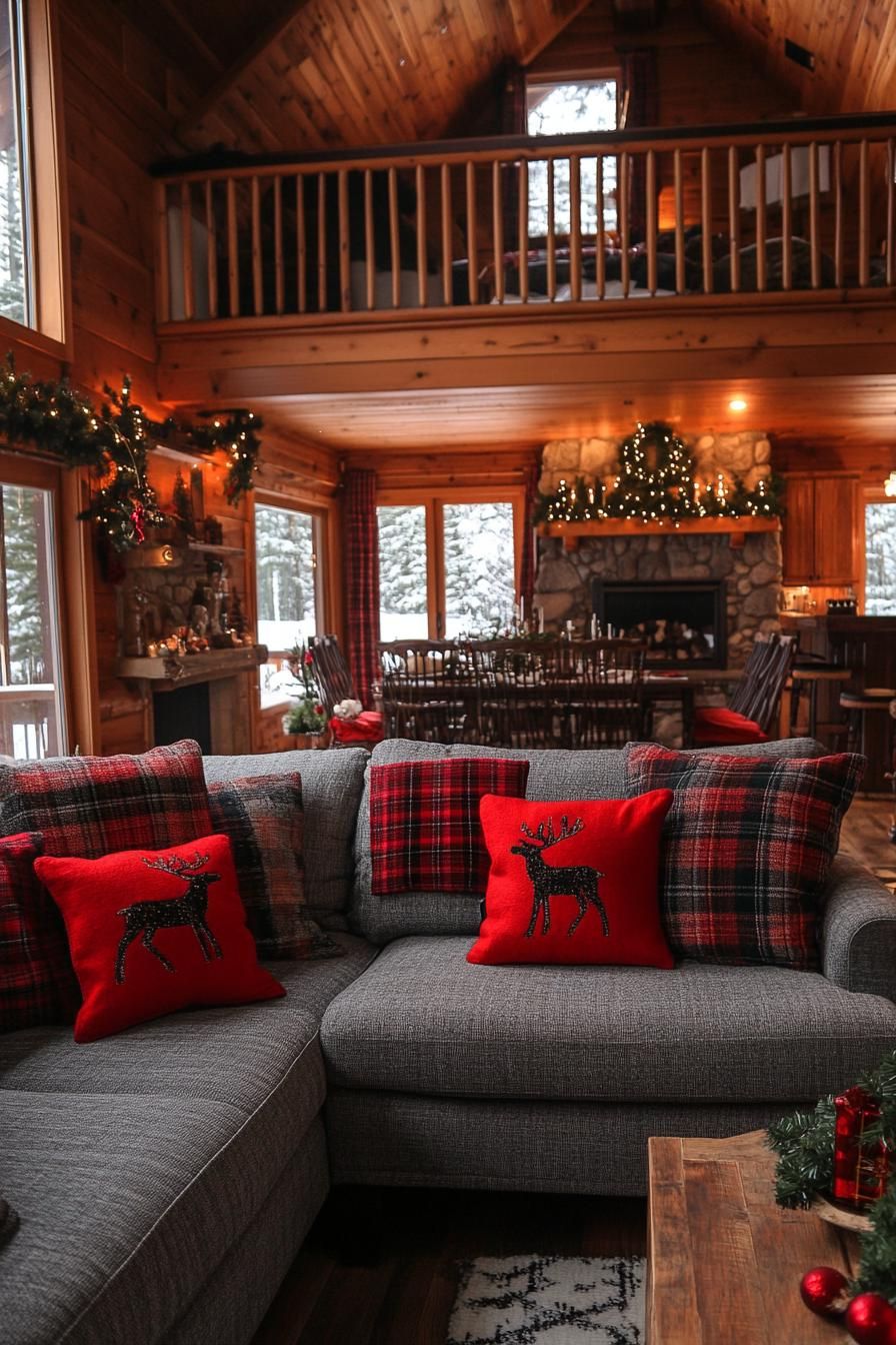 21 Cozy Mountain Lodge Christmas Decor Ideas 54 21. Festive Embroidered Plaid Pillowcases-1