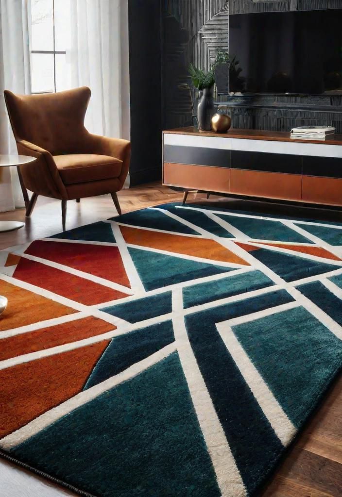 27 Beautiful Mid Century Modern Living Rooms 9 7. Geometric Rug Styling Tips-0