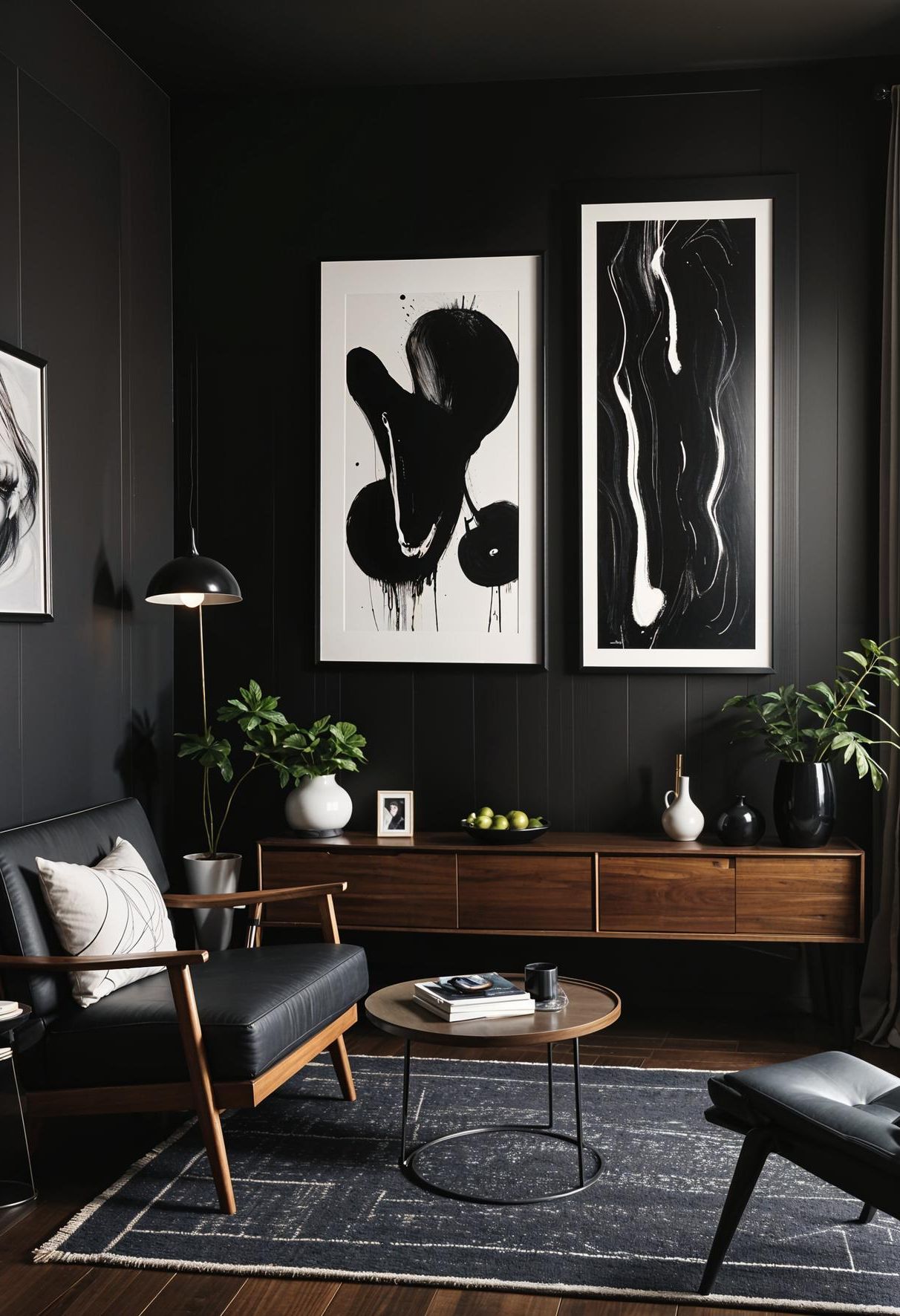 15 Best Moody Mid Century Modern Living Room Ideas 10 2. Moody Art Gallery Accent Wall-3