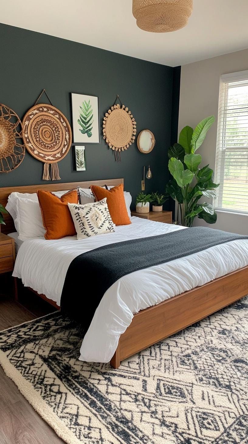 23. Eclectic boho gallery wall with deep-toned accents and plants-0