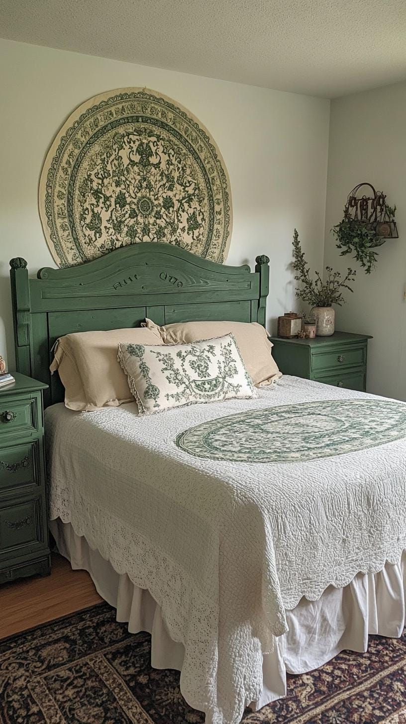 5. Tapestry Headboard: Opt for a sage and ivory tapestry to serve as a striking headboard feature-2