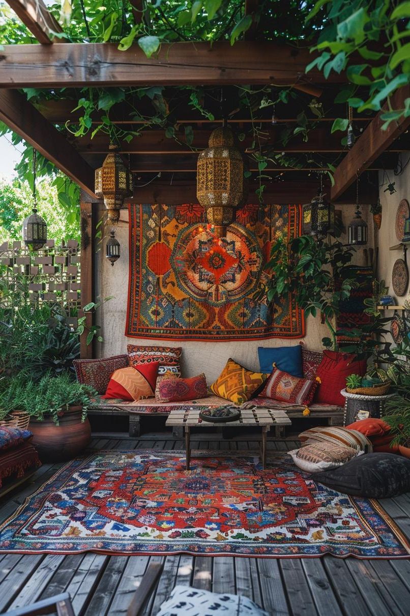 15 Chic Boho Patio Ideas You’ll Love 5 2. Boho Patio Canopy Retreat-1