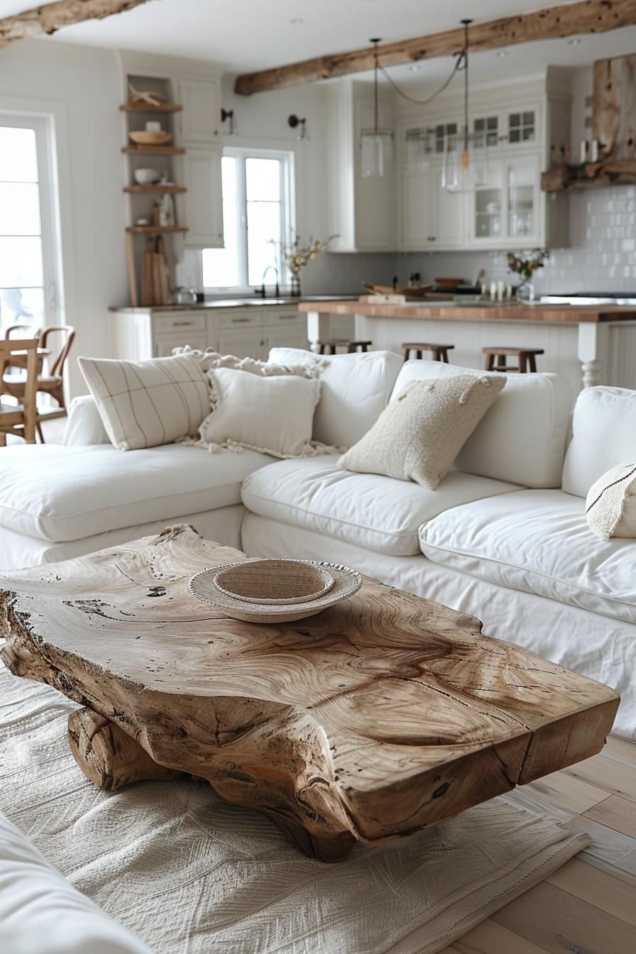 15 Chic Neutral Coastal Living Room Ideas You Will Love 4 1. Coastal Driftwood Coffee Table Inspiration-1