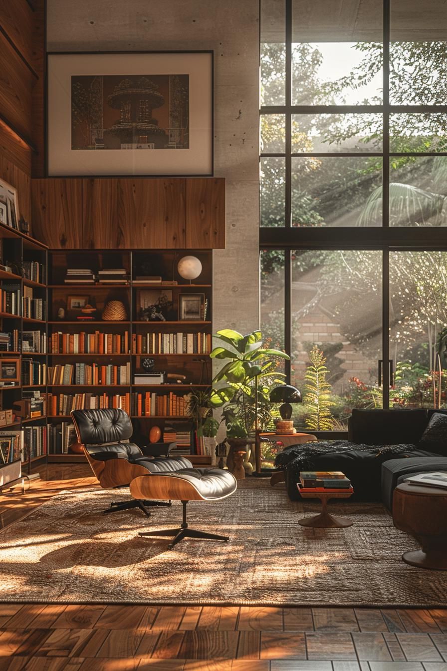 15 Best Moody Mid Century Modern Living Room Ideas 33 10. Dark Walnut Mood Lighting Display-2