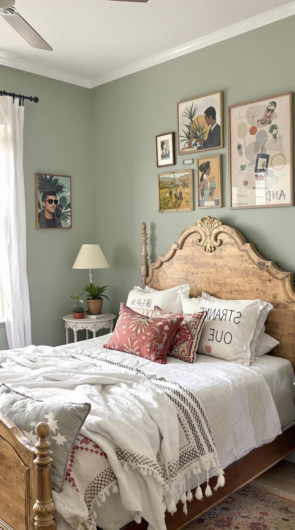 4. Vintage Finds: Accent sage walls with an antique wooden bed frame and eclectic thrifted artwork-1
