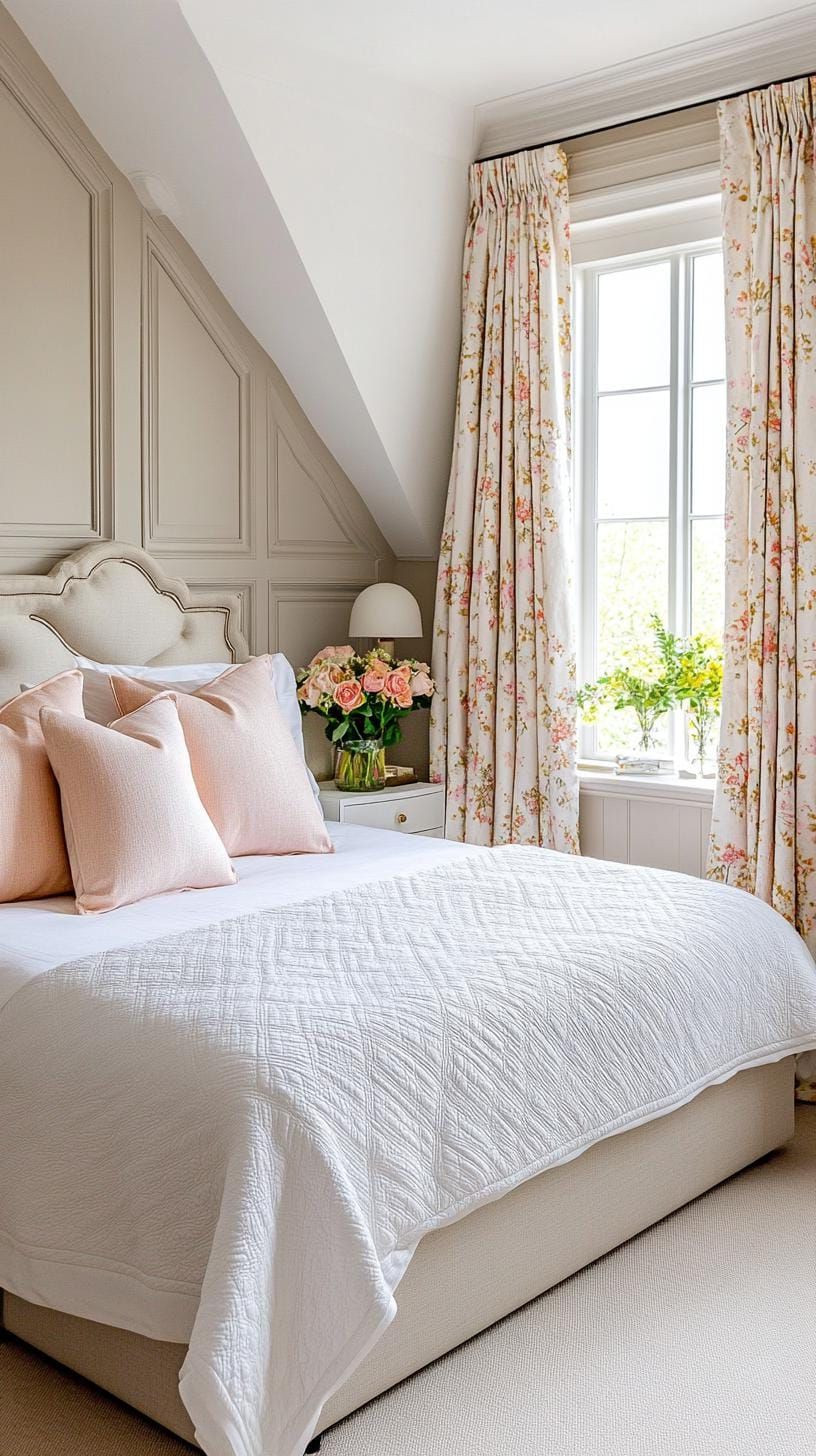 21 Cute Attic Bedroom Ideas You Will Love 57 18. Style a Parisian-inspired chambre with a quatrefoil bed, elegant drapes, and soft pastel colors-0