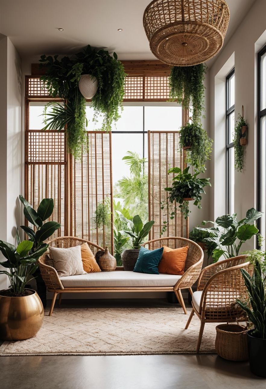 45 Chic & Modern Boho Living Room Ideas To Copy 36 15. Boho Plant Divider Screens-0