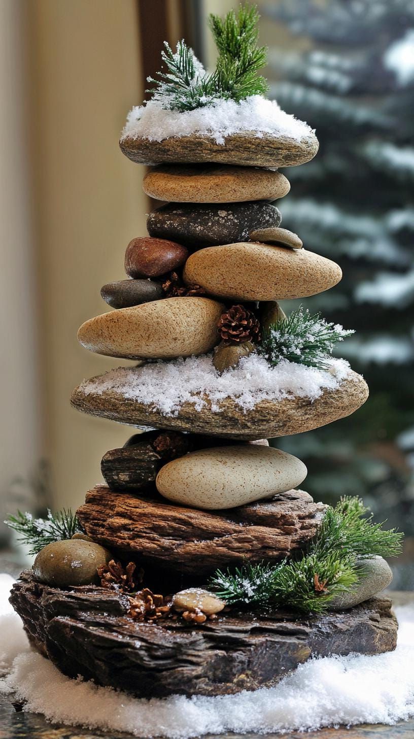 15 Stunning Winter Centerpieces to Transform Your Table 21 6. Woodland Winter Cairn: Build a stone cairn adorned with sprigs of greenery, creating a natural woodland feel, accented with dustings of faux snow-2