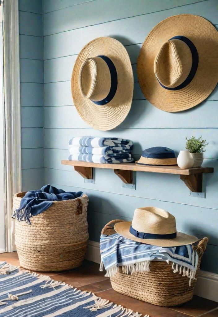 43 Inspiring Coastal Living Room Ideas 39 37. Functional Coastal Decor: Beach Towel & Straw Hat Wall-0
