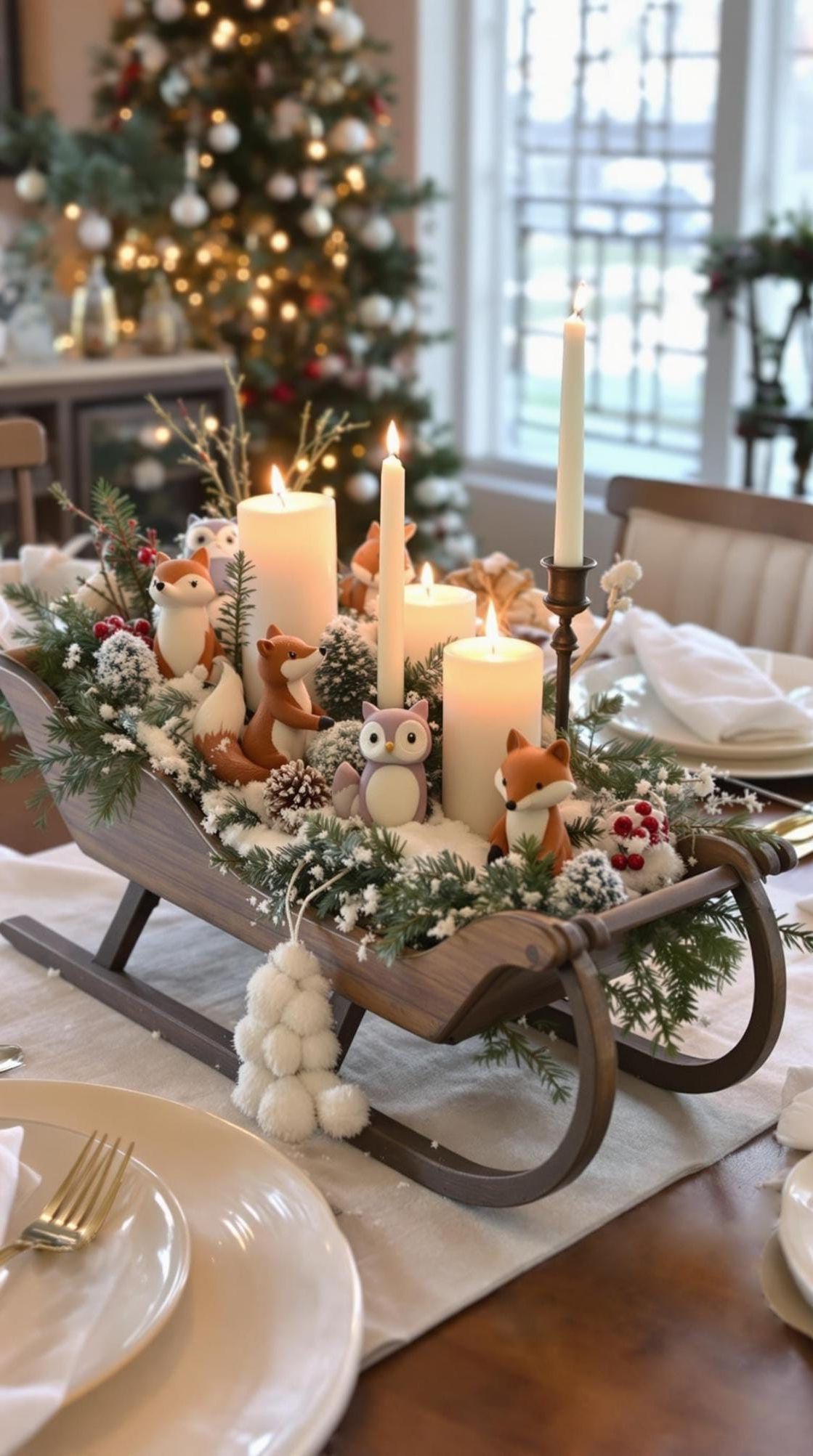 15 Stunning Winter Centerpieces to Transform Your Table 42 14. Vintage Sled Tray: Use a vintage mini sled as a base to hold candles, faux snow, and woodland figurines like fox or owls-1