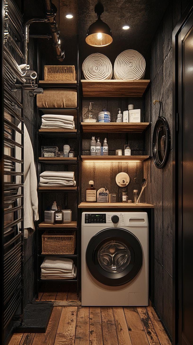 20 Genius Tiny Laundry Room Ideas: Organization & Stacked Design 41 15. Industrial-modern black and white with metal shelving system-0