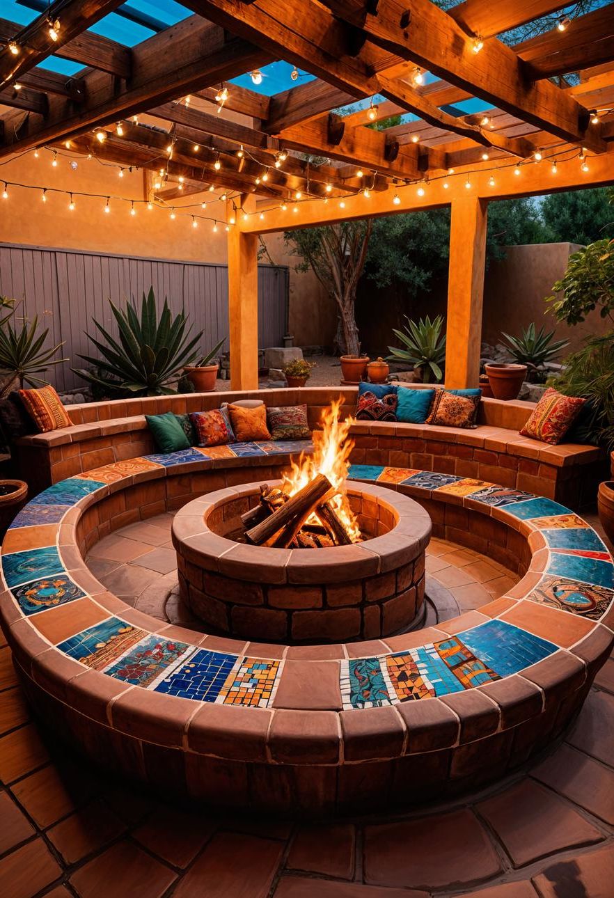 15 Stunning Mexican Patio Ideas for Your Home 14 6. Mosaic Benches Around Fire Pits-1