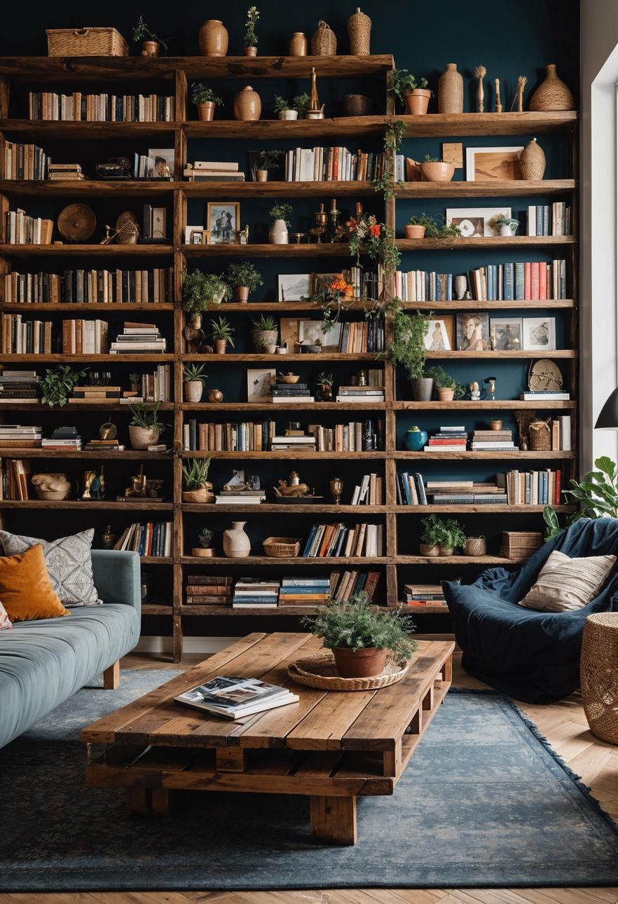 45 Chic & Modern Boho Living Room Ideas To Copy 68 31. Global Bookshelf Display-0