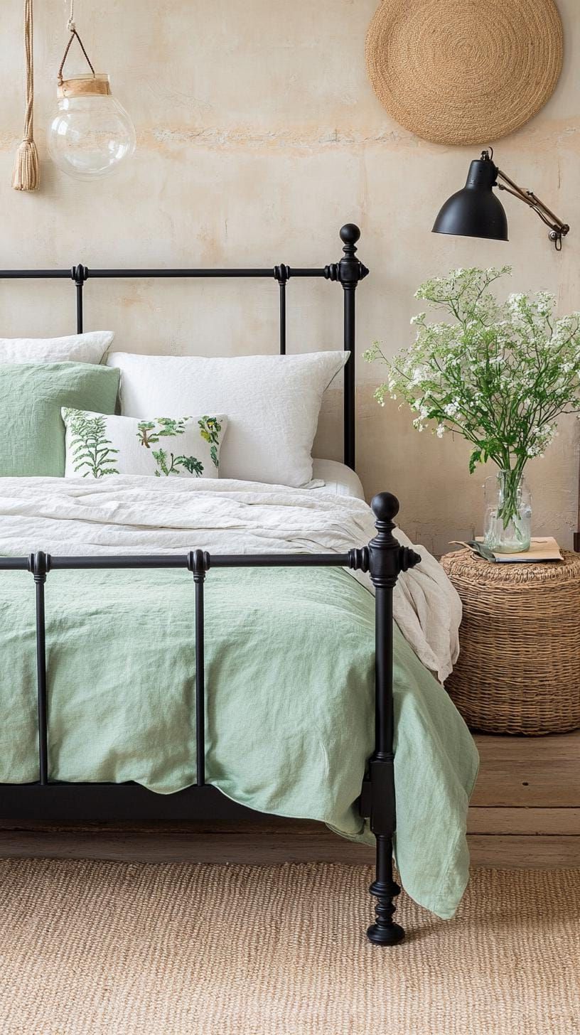 20 Elegant Green and Black Bedroom Ideas You Must See 22 7. Earth Meets Metal: Introduce black wrought-iron bed frames contrasted with natural green bedding tones-1