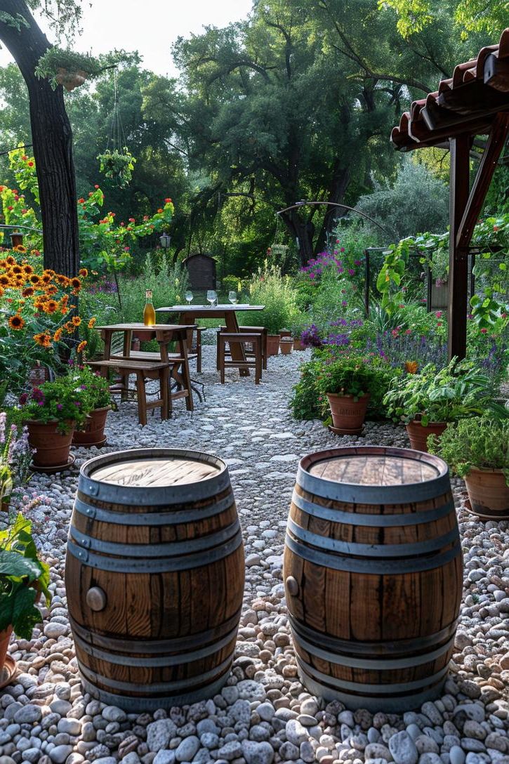 18 Gorgeous Gravel Patio Ideas For Your Backyard Makeover 17 6. Rustic Wine Barrel Patio Chic-1