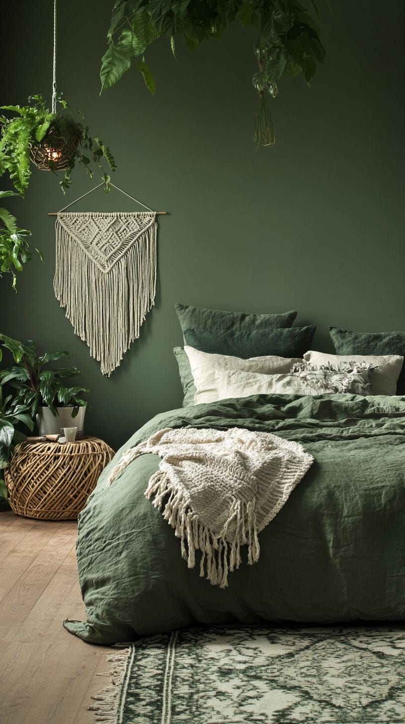 23 Stunning Olive Green Bedroom Ideas You’ll Absolutely Love 12 3. Bohemian Olive Green Bedroom with Macramé and Ratan Pieces-2