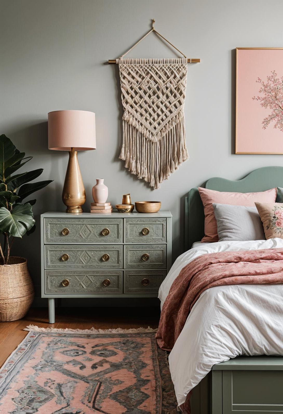 31 Chic Sage Green and Pink Bedroom Inspirations 16 8. Sage Dresser with Pink Knobs-1