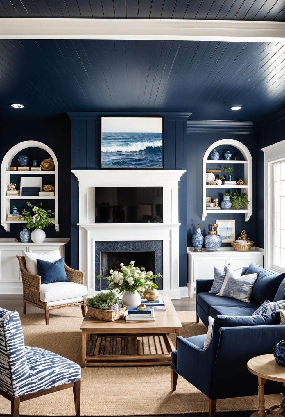 20 Unique Coastal Farmhouse Living Room Ideas That Wow 53 17. Paint accent walls in a deep ocean navy to contrast with bright white trims-2