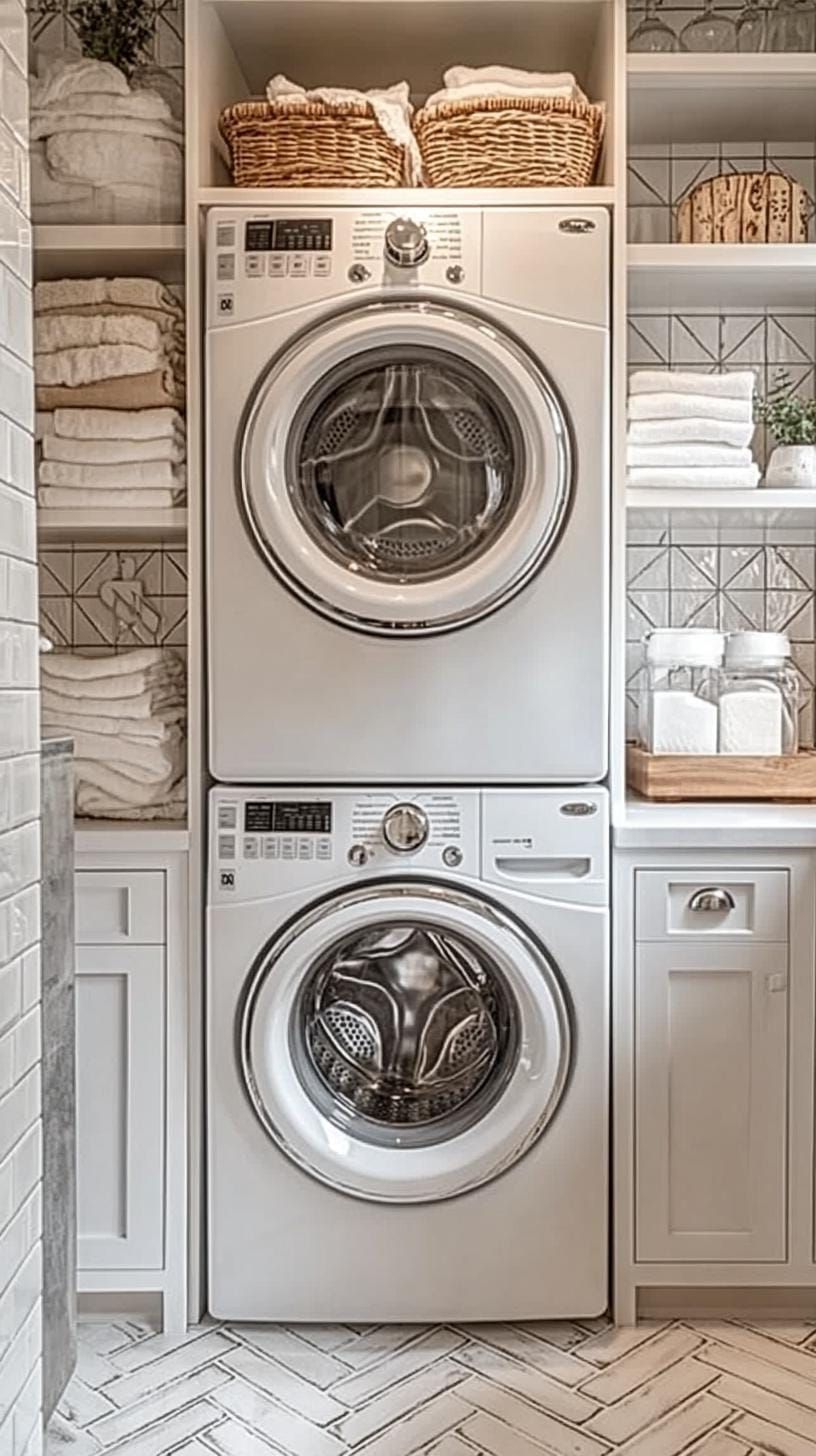 20 Genius Tiny Laundry Room Ideas: Organization & Stacked Design 52 18. Classic white shaker cabinets with herringbone tile floors-2