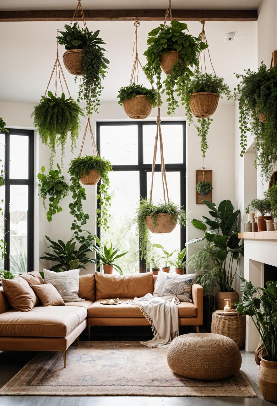 45 Chic & Modern Boho Living Room Ideas To Copy 51 22. Ceiling-Hung Plant Baskets: Greenery Decor-0