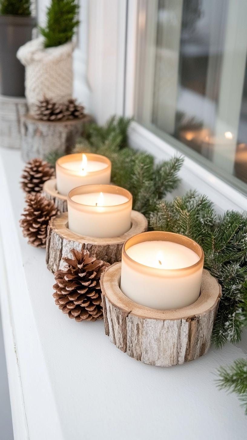 15 Gorgeous Winter Porch Decor Ideas to Spark Your Creativity 13 4. Rustic Birchwood Candle Holders Lined With Pinecones-1