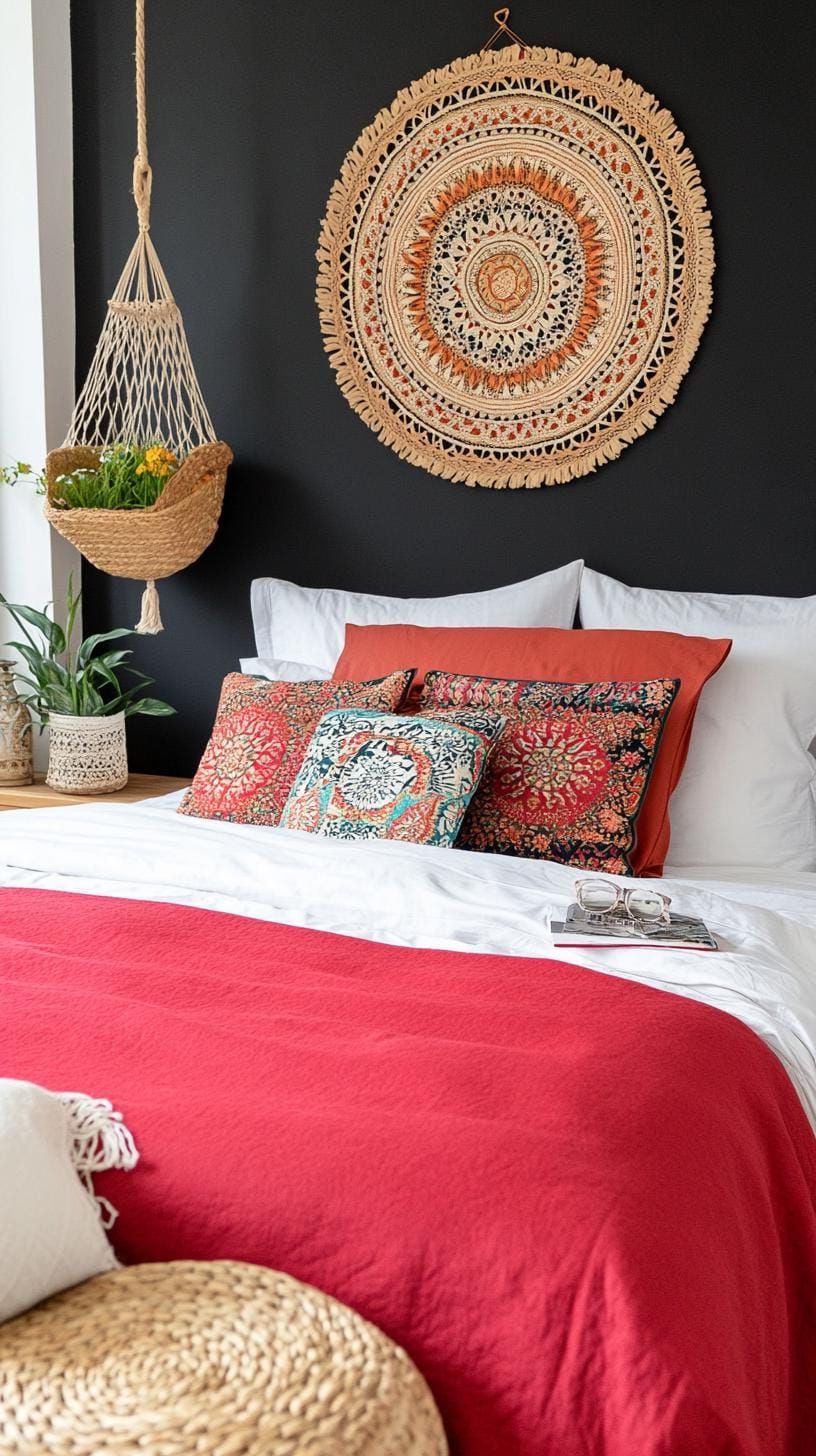 21. Macrame and mandala tapestry accenting dark boho bedroom-0