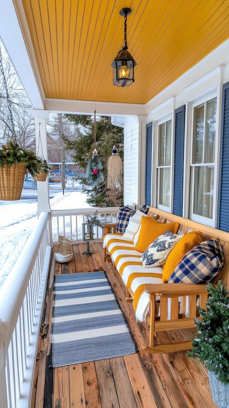 15 Gorgeous Winter Porch Decor Ideas to Spark Your Creativity 46 15. Knitted Seat Covers for Porch Bench with Soft Plaid Throws-2