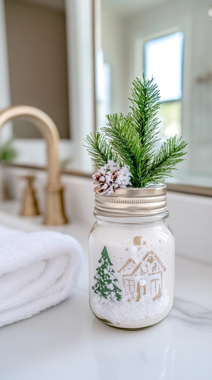 19 Simple Christmas Decor Ideas for Small Bathrooms 21 12. Mason jar with mini tree and faux snow inside-0