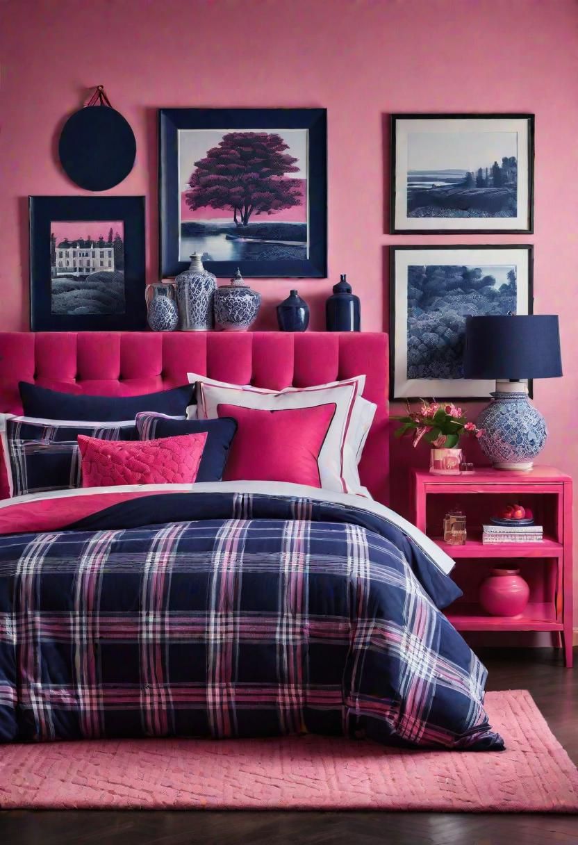 63 Luxurious Pink Bedrooms to Warm Up Your Space 54 51. Preppy Pink and Navy Plaid-0