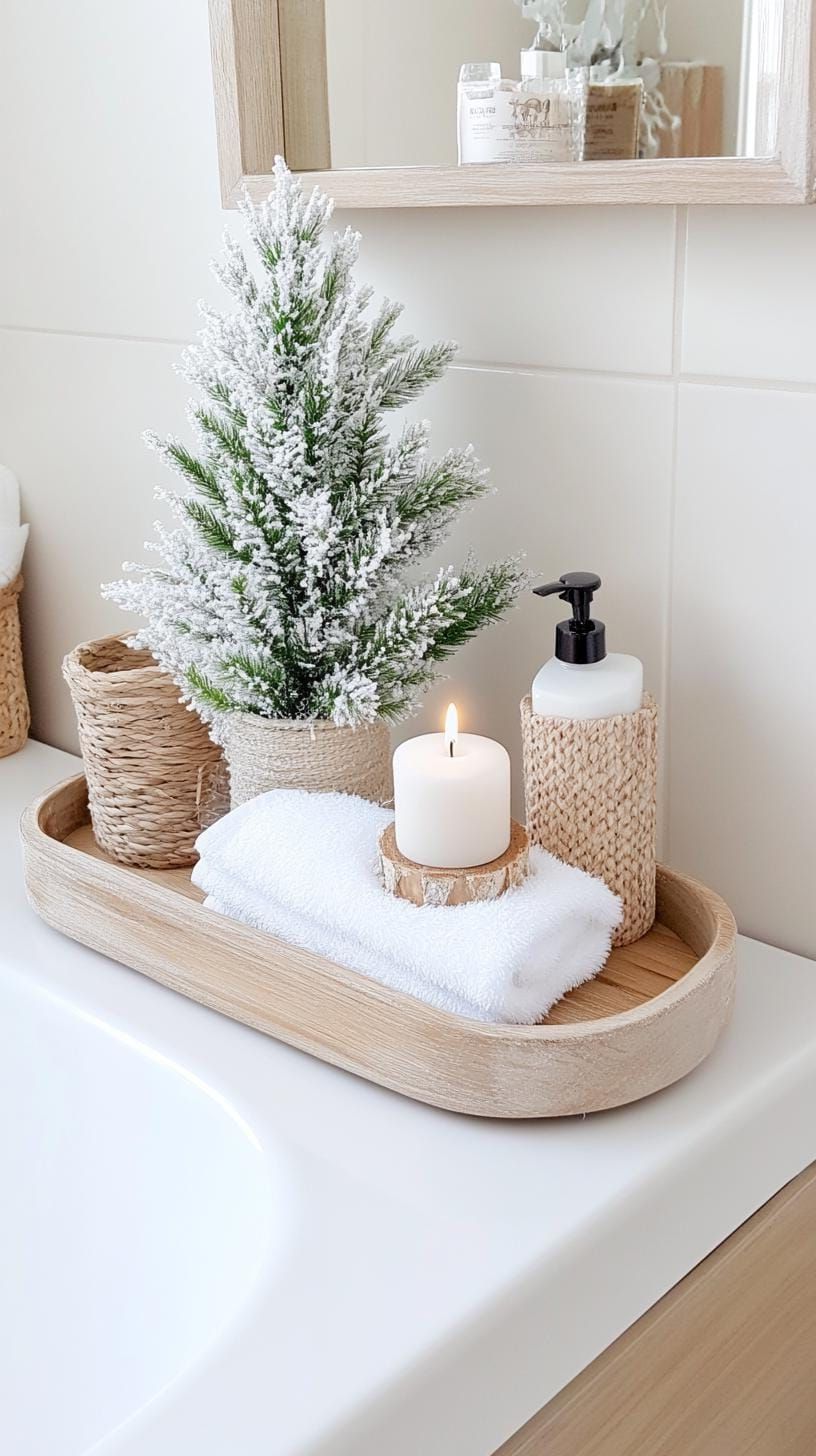 19 Simple Christmas Decor Ideas for Small Bathrooms 7 4. Small artificial tree with faux snow accents on shelf-1