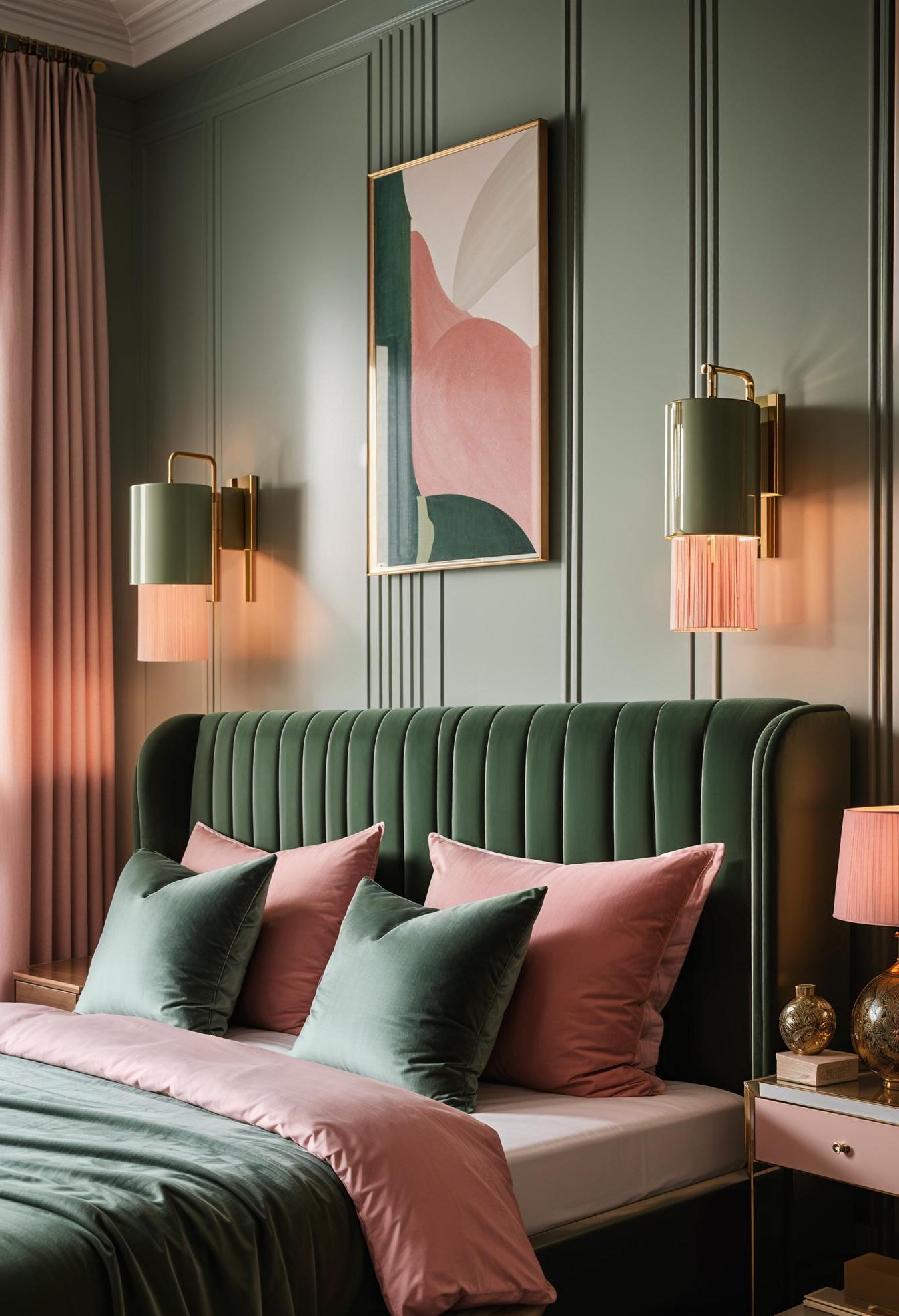 31 Chic Sage Green and Pink Bedroom Inspirations 33 22. Chic Bedroom Lamp Pairing for Art Deco Style-0