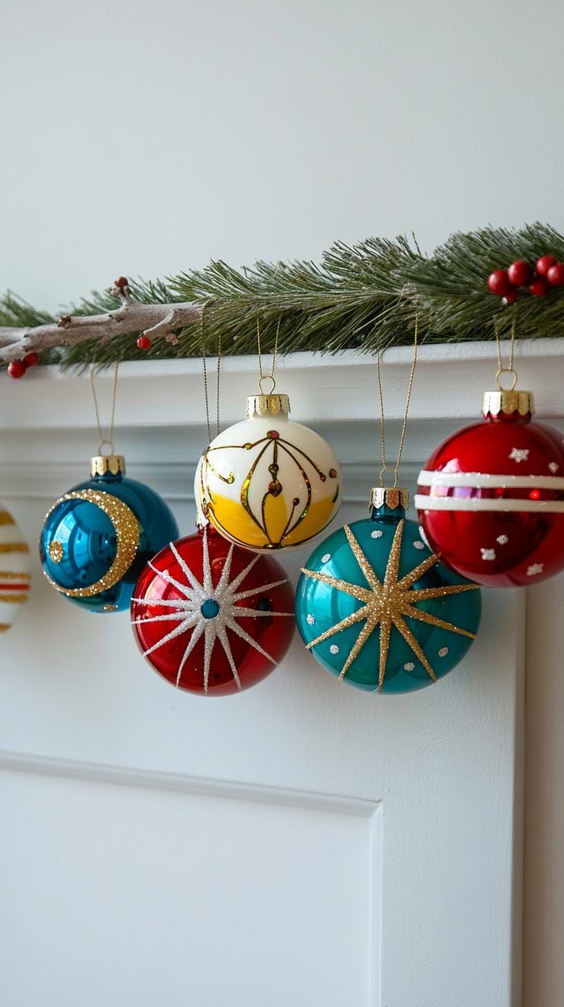23 Vintage Mid-Century Modern Christmas Ideas to Inspire You 54 22. Glass ornaments with abstract starburst pattern inlays-1