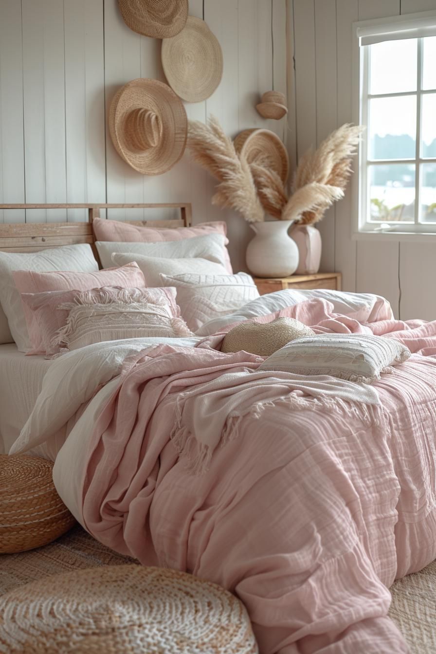 15 Dreamy Pink Coastal Bedroom Ideas: Beachy & Aesthetic 24 8. Coastal Charm: Blush & Driftwood-1
