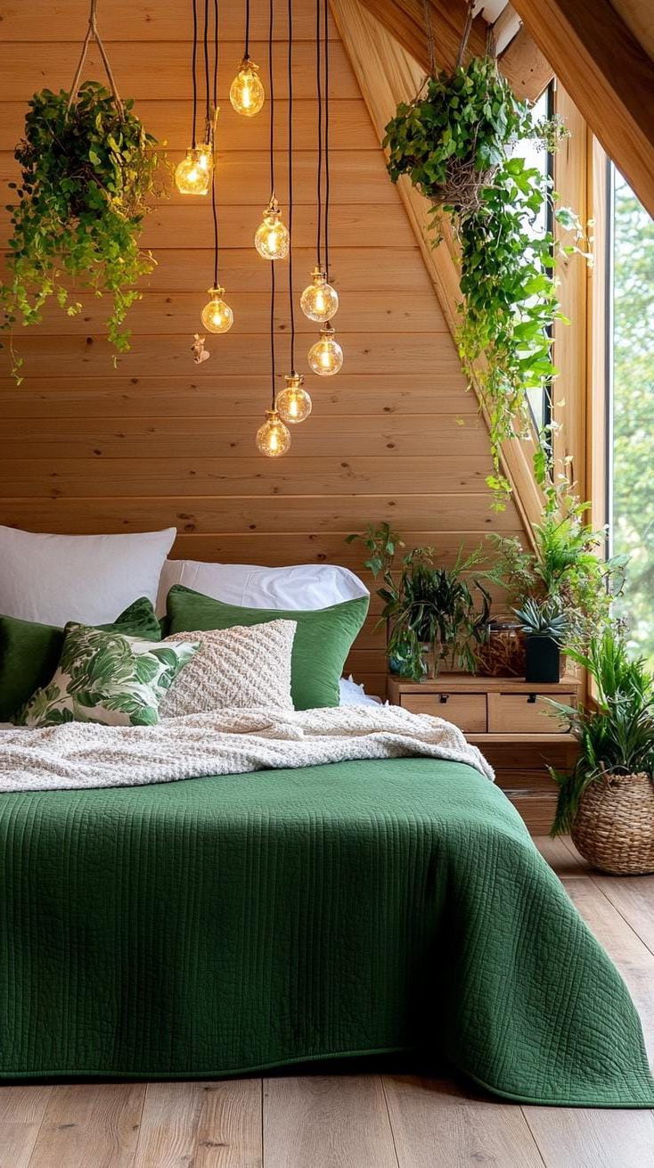 20 Super Cozy Small Attic Bedroom Ideas to Explore Today 60 19. Enchanted Woodland using forest green and deep brown hues adorned with botanical elements-2