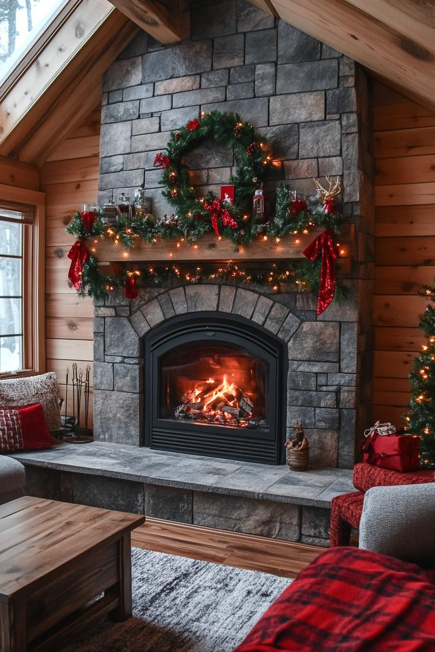 21 Cozy Mountain Lodge Christmas Decor Ideas 29 12. Festive Mantel Decor with Holly-0