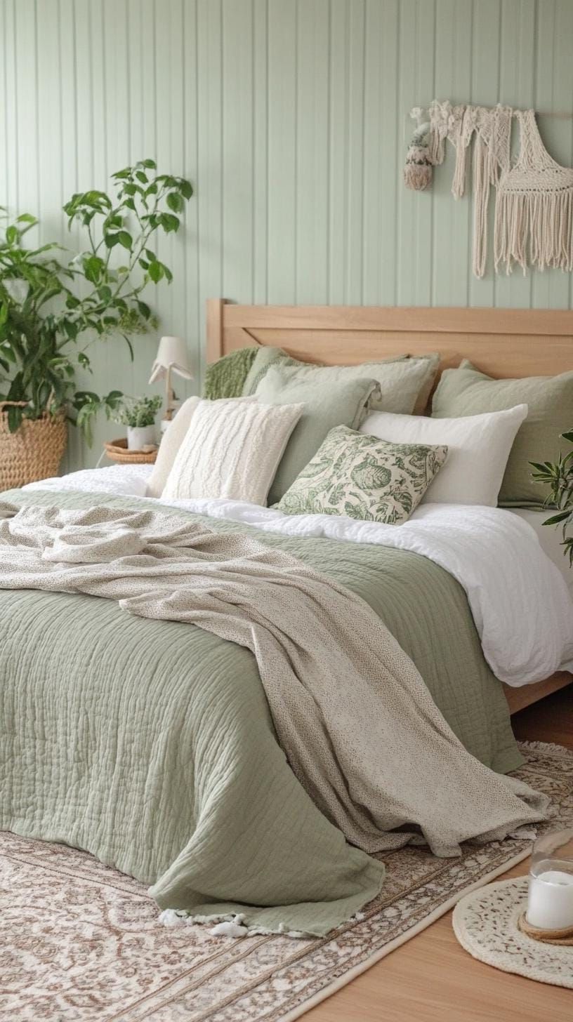 2. Botanical Oasis: Use lush potted plants alongside sage green walls and natural fiber baskets for a soothing natural retreat-2