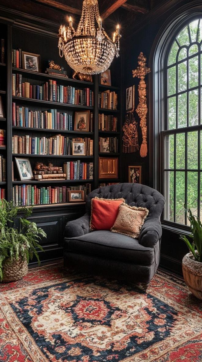 10. Floor-to-ceiling bookshelves against dark walls with a cozy reading nook-0