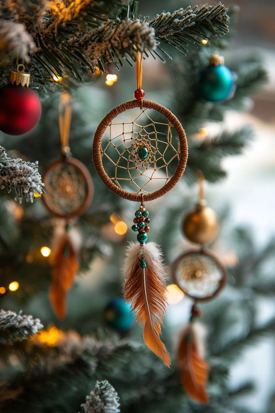 19 Unique Boho Christmas Decor Ideas 8 2. Boho Dreamcatcher Ornaments for Christmas-2