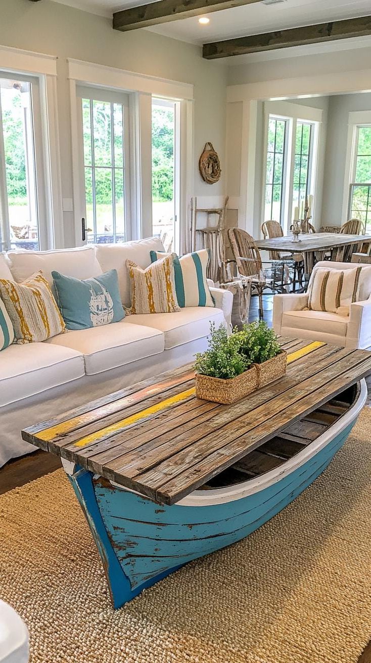 20 Unique Coastal Farmhouse Living Room Ideas That Wow 21 6. Design with repurposed boatwood furniture pieces as statement elements-1